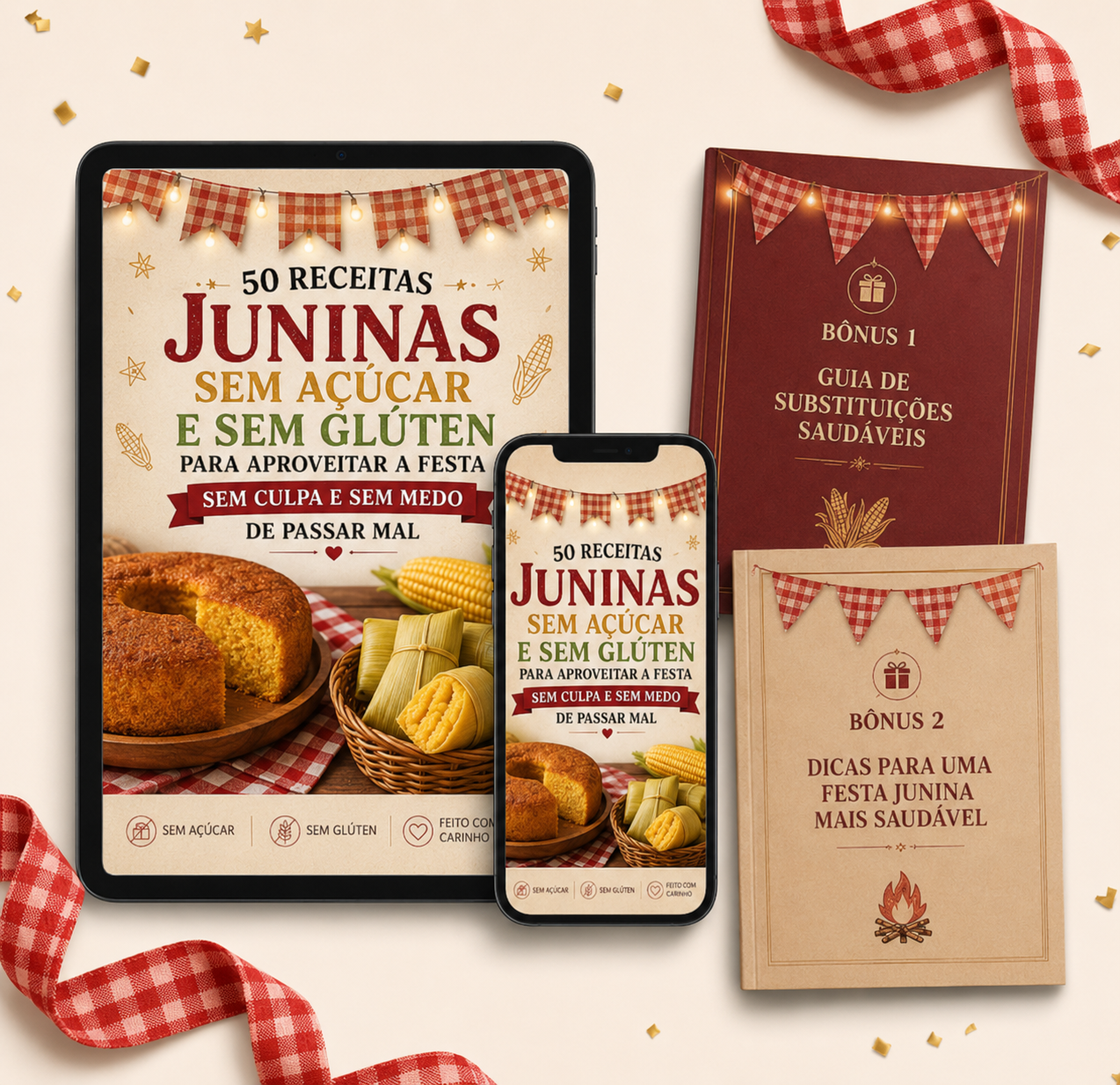 E-book de receitas juninas sem açúcar e sem glúten com os bônus inclusos